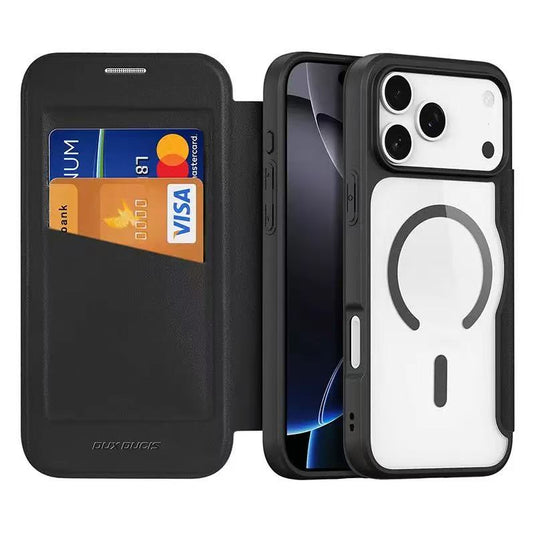 [With Card Slot][Magsafe Compatible] Apple iPhone 17 Pro / 18 Pro - Magnetic Catch Transparent Flip PU Leather Wallet Series Case