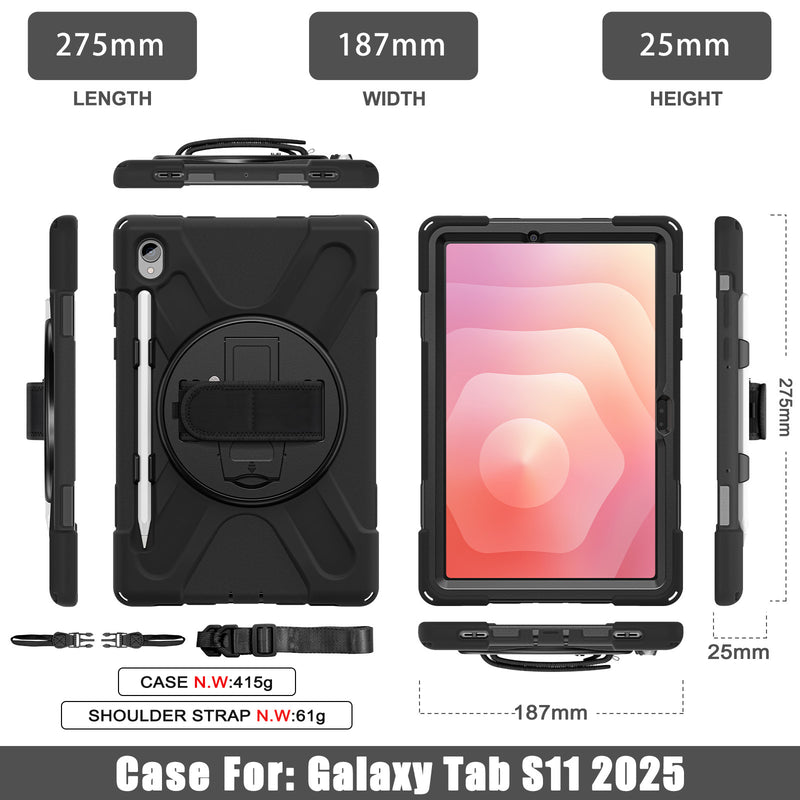 Load image into Gallery viewer, Samsung Galaxy Tab S11 (2025) 11&quot; - Heavy Duty 360 Degree Rotate Stand Hand Strap Case With Shoulder Strap
