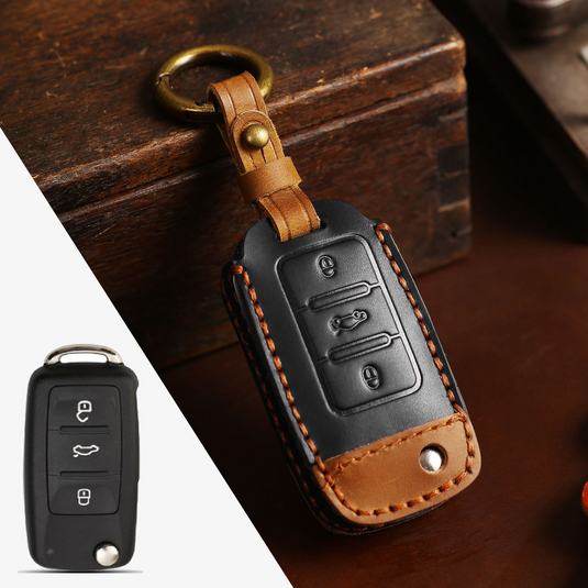 Volkswagen Handcrafted Genuine Leather Car Key Fob Case Cover For Passat, Golf, Magotan, Jetta, Tiguan