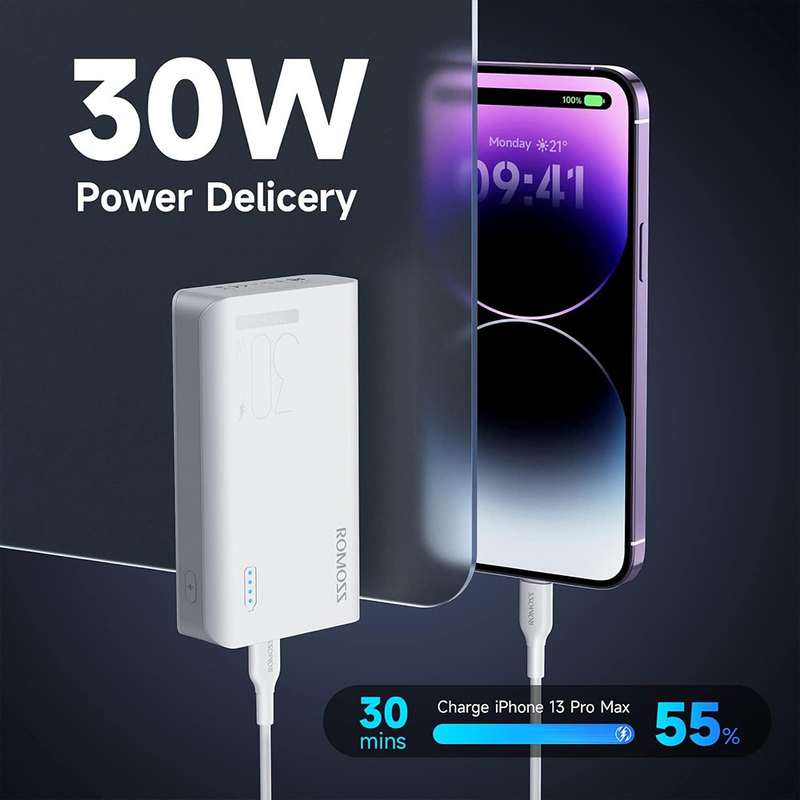 Load image into Gallery viewer, Romoss Sense4S Pro 30W 10000mAh Powe Bank Two-way Fast Charging Power Bank Type-C 3 Input 3 Output-White
