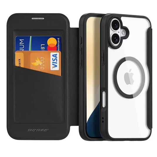 [With Card Slot][Magsafe Compatible] Apple iPhone 17 - Magnetic Catch Transparent Flip PU Leather Wallet Series Case