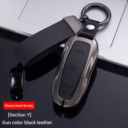 Tesla Metal + PU Leather Smart Car Key Fob Case for Model 3, S, Y, X