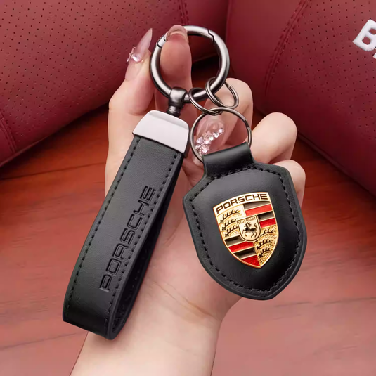 Porsche Crest Car Keychain Genuine Leather For Panamera, Cayenne, 911, Macan, Taycan