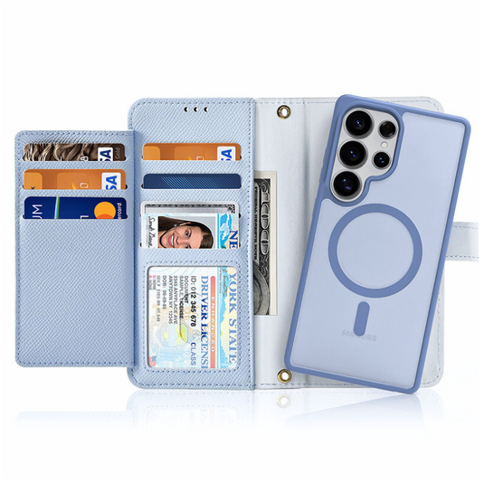 [Magsafe Compatible] Samsung Galaxy S25/Plus/Ultra - Leather Magnetic Detachable Skin-friendly Matte Flip Wallet Series Case With Wrist Strap