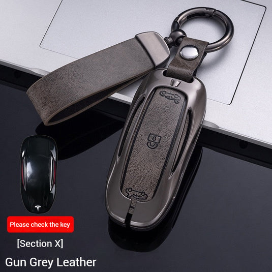 Tesla Metal + PU Leather Smart Car Key Fob Case for Model 3, S, Y, X