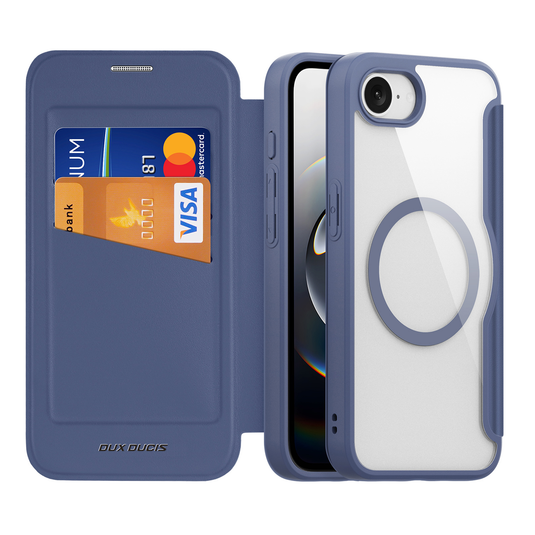 [With Card Slot][Magsafe Compatible] Apple iPhone 16e & 17e - Magnetic Catch Transparent Flip PU Leather Wallet Series Case