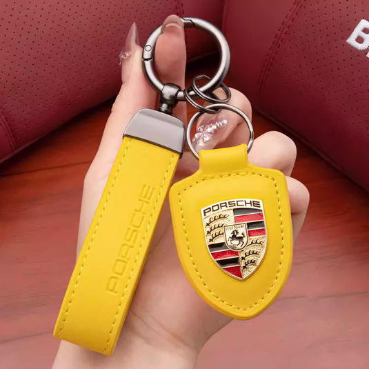 Porsche Crest Car Keychain Genuine Leather For Panamera, Cayenne, 911, Macan, Taycan