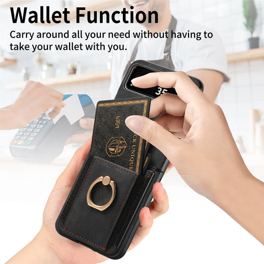 [With Ring Bracket] Motorola Moto Razr 60 PU Vegan Leather Card Slot Protective Case