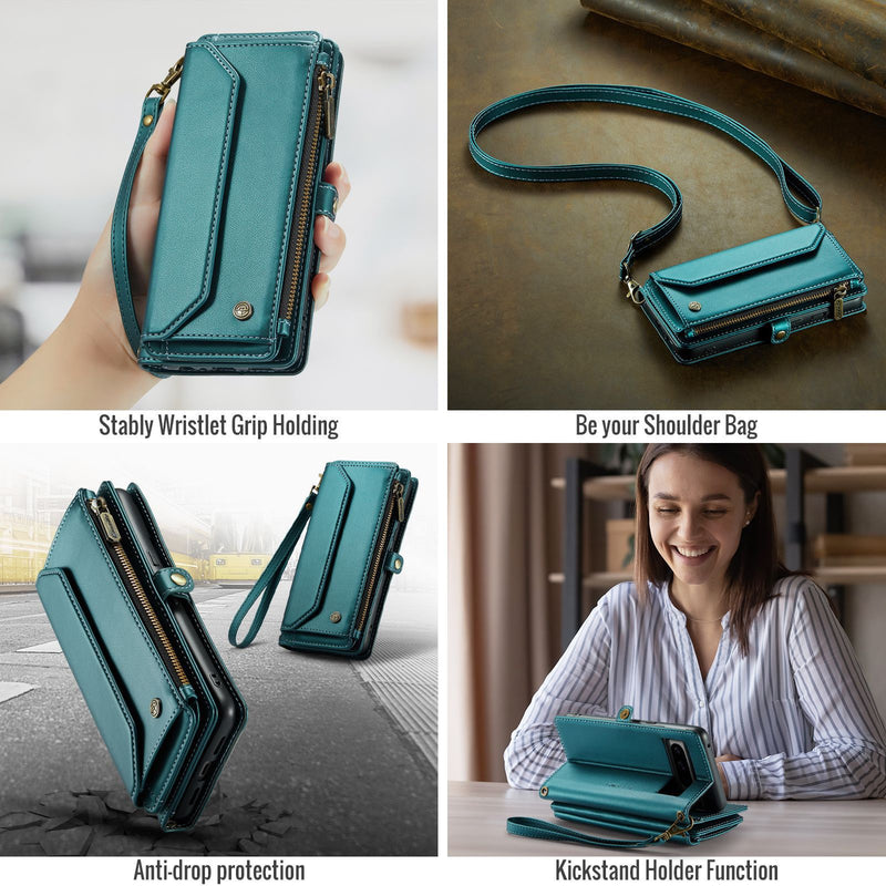 Load image into Gallery viewer, [Magsafe Compatible] Google Pixel 8/Pro - Zipper Style Crossbody PU Leather Wallet Series Stand Case With Lanyard
