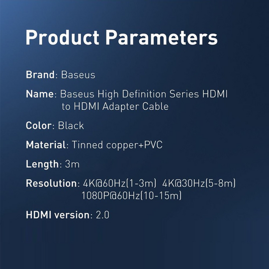 Baseus HDMI 2.0 cable 4K 60 Hz 3D HDR 18 Gbps CAKGQ-A01 3M - Black - i-Station Mobile Phone & Electronic Device Repair and Accessories