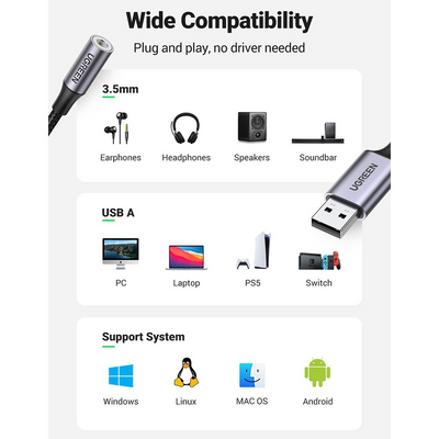 UGREEN CM477 USB 2.0 to 3.5mm Audio Adapter 25cm-Dark Gray - i-Station Mobile Phone & Electronic Device Repair and Accessories