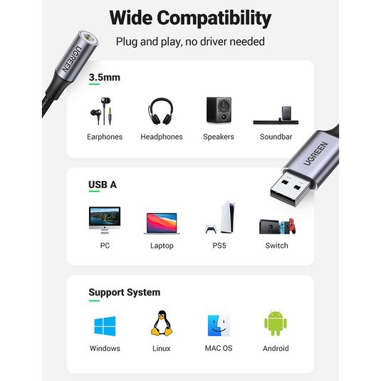 UGREEN CM477 USB 2.0 to 3.5mm Audio Adapter 25cm-Dark Gray