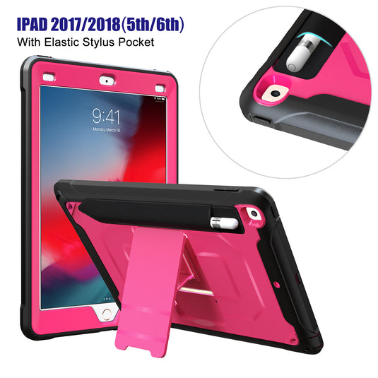 [Built-in Stand][With Pen Slot] Apple iPad 5/6 9.7'' 5/6th Gen (2017/2018) EVA Kid Friendly Heavy Duty Ring Holder Stand Case