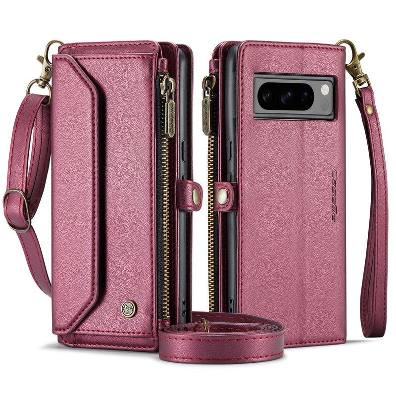 Load image into Gallery viewer, [Magsafe Compatible] Google Pixel 8/Pro - Zipper Style Crossbody PU Leather Wallet Series Stand Case With Lanyard
