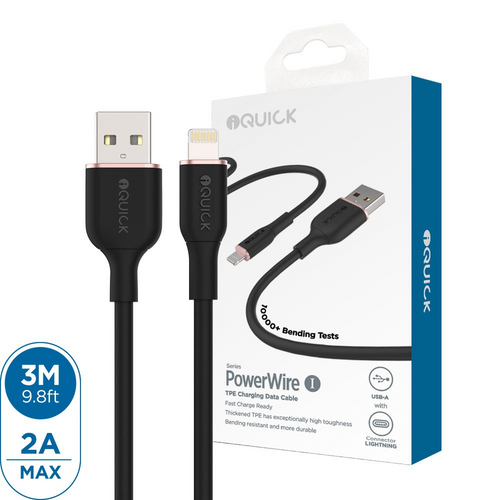 iQuick PowerWire 1 Series TPE Charging Data Cable USB to iP 3m