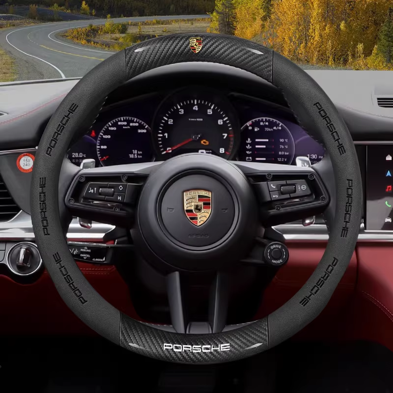 Load image into Gallery viewer, Porsche Carbon Fiber &amp; Soft Suede Leather Luxury Grip &amp; Anti-Slip Protection Steering Wheel Cover For Cayenne, Macan,  Panamera, 718, Taycan, 911
