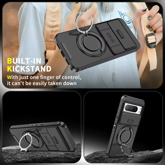 [Built-in Ring Bracket][With Lens Slide Cover] Google Pixel 8 Pro/A Shockproof Heavy Duty Series Case