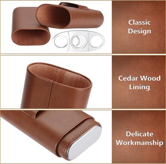 [Holds Up To 3 Cigars] Portable PU Leather Cigar Accessories & Humido