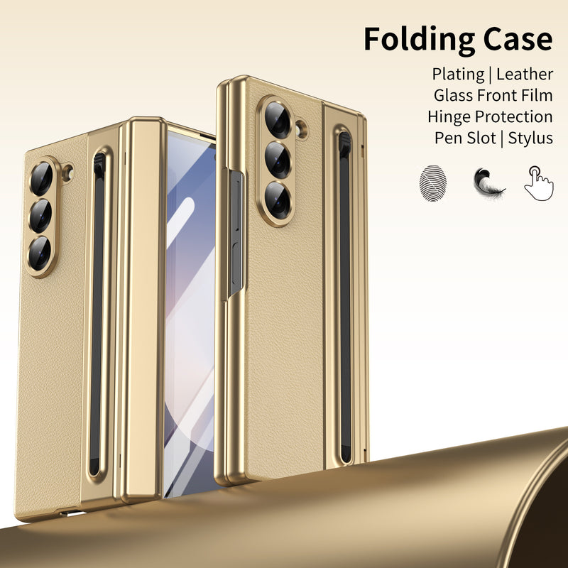 Load image into Gallery viewer, [Built-in Card Slot] Samsung Galaxy Z Fold7 Folding Electroplated PU Leather Case with Tempered Glass Screen Protector
