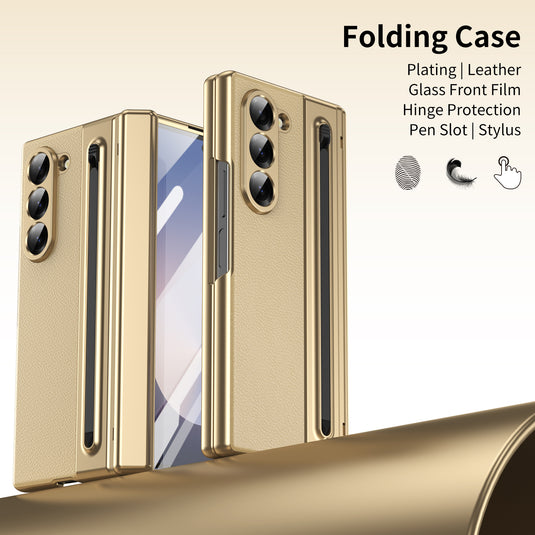 [Built-in Card Slot] Samsung Galaxy Z Fold7 Folding Electroplated PU Leather Case with Tempered Glass Screen Protector
