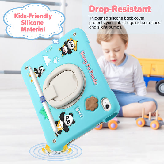 [Built-in Rotating Stand] Apple iPad 10/11'' 10/11th Gen (2022/2025) Panda Silicone Kids Shockproof Case with Shoulder Strap