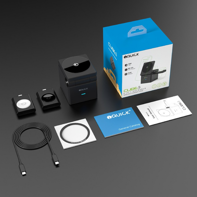 Load image into Gallery viewer, iQuick CUBE T1 3 in 1 Foldable Wireless Charger Stand Galaxy/ Apple Watch Pads
