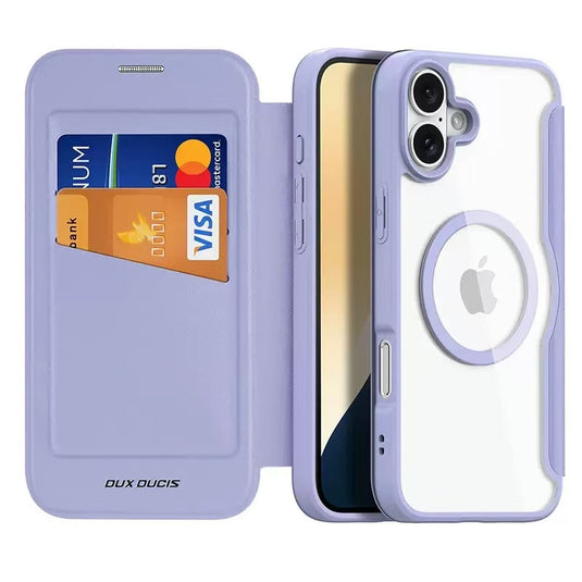 [With Card Slot][Magsafe Compatible] Apple iPhone 17 - Magnetic Catch Transparent Flip PU Leather Wallet Series Case