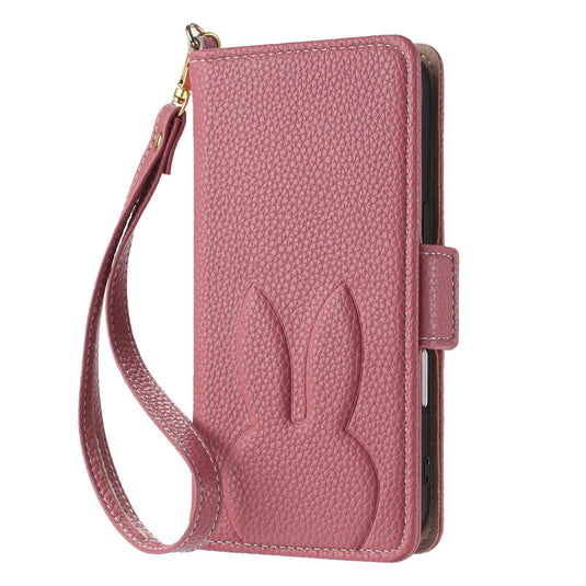 [With Card Slot][With Hand Lanyard] Apple iPhone 15/Pro/Pro Max/Plus Rabbit Embossed PU Leather Flip Cover Case