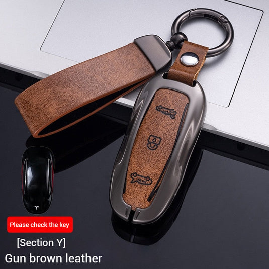 Tesla Metal + PU Leather Smart Car Key Fob Case for Model 3, S, Y, X