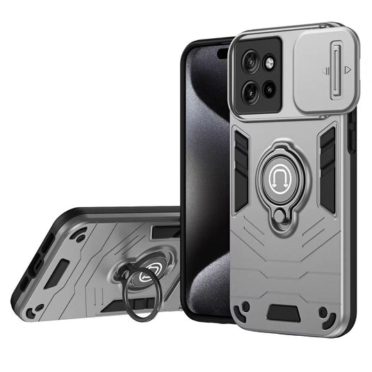 [Built-in Ring Bracket][With Slide Lens Cover] Motorola Moto G34 Mecha-style Anti-slip Protective Hard Heavy Duty Series Case