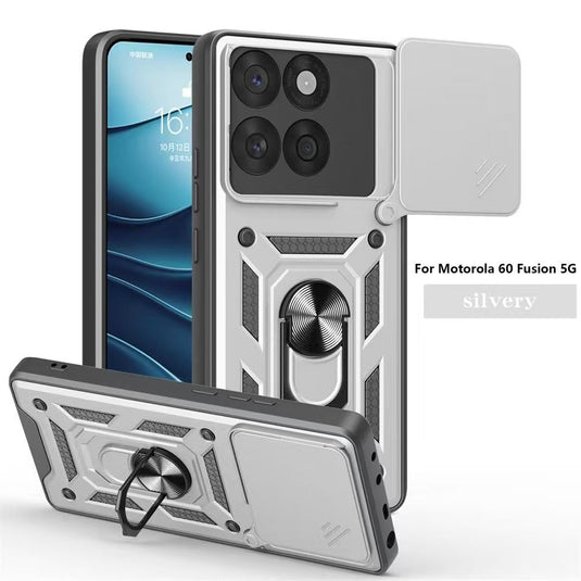 [Built-in Ring Bracket][Slide Lens Cover] Motorola Moto Edge 60 Fusion - Shield Shockproof Rugged Heavy Duty Case