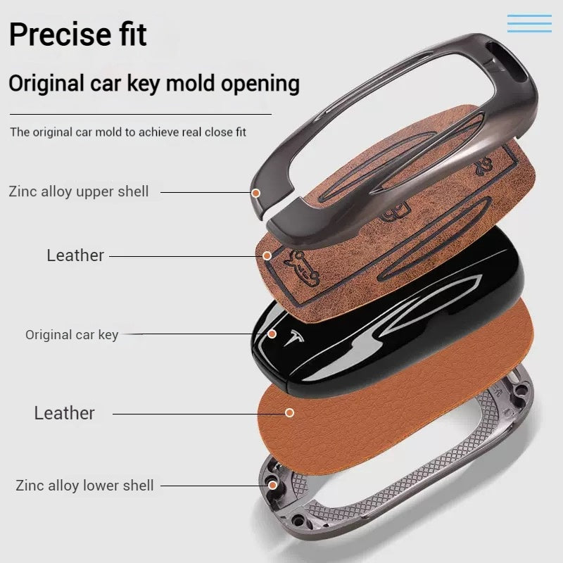 Load image into Gallery viewer, Tesla Metal + PU Leather Smart Car Key Fob Case for Model 3, S, Y, X
