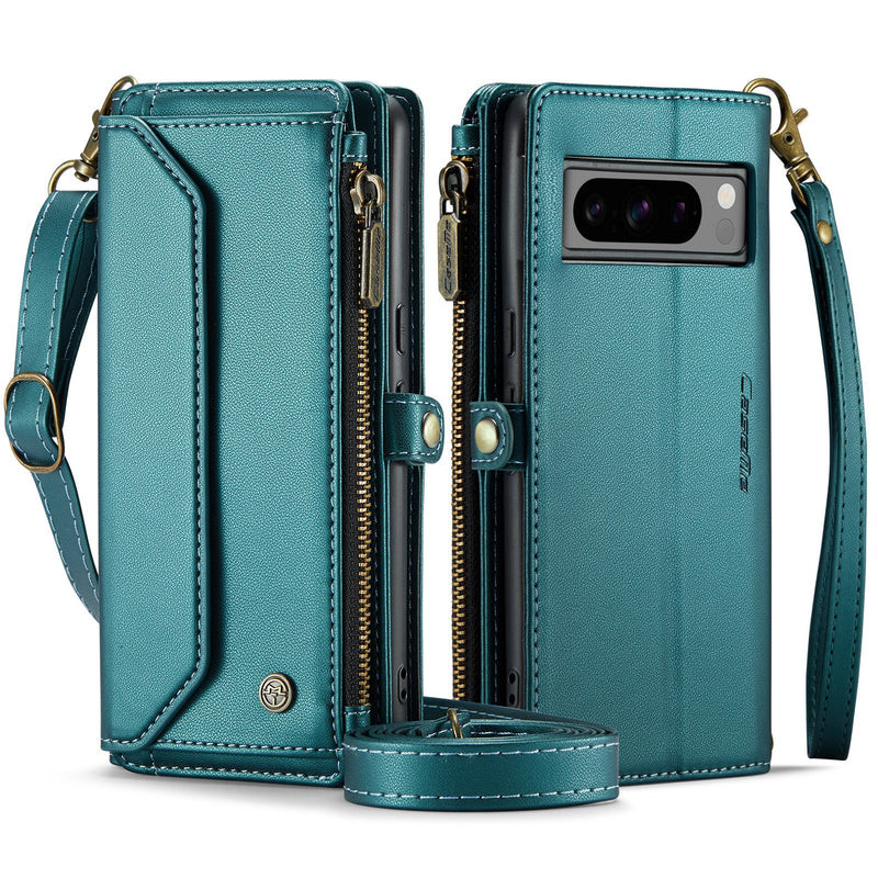 Load image into Gallery viewer, [Magsafe Compatible] Google Pixel 8/Pro - Zipper Style Crossbody PU Leather Wallet Series Stand Case With Lanyard
