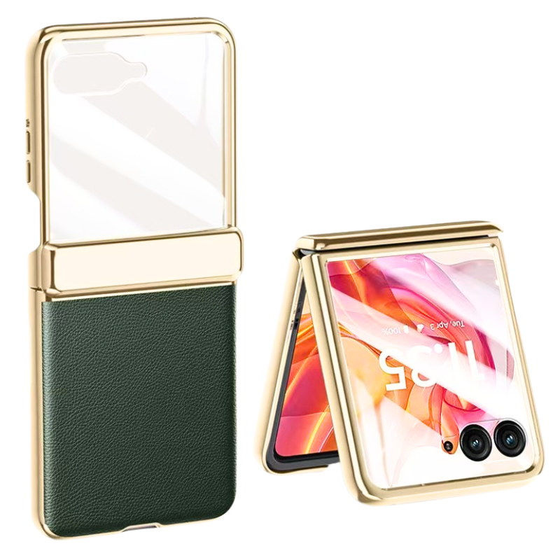 Motorola Moto Razr 50/Ultra Electroplated Chain Shockproof Plain Leather Essentials Series Case With Screen Protector - i-Station Mobile Phone & Electronic Device Repair and Accessories