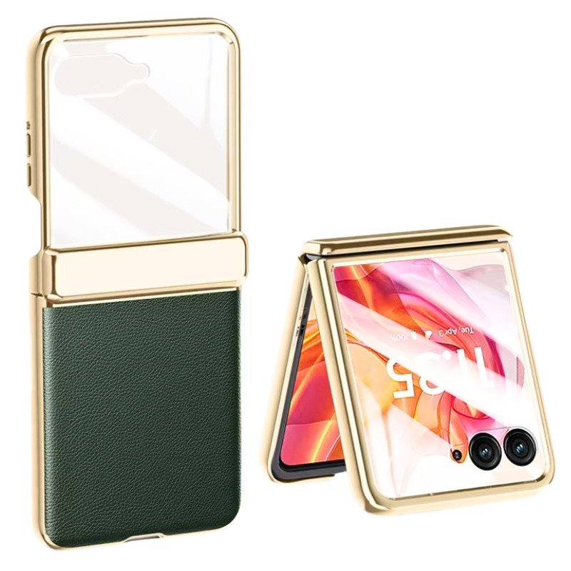 Load image into Gallery viewer, Motorola Moto Razr 50/Ultra Electroplated Chain Shockproof Plain Leather Essentials Series Case With Screen Protector
