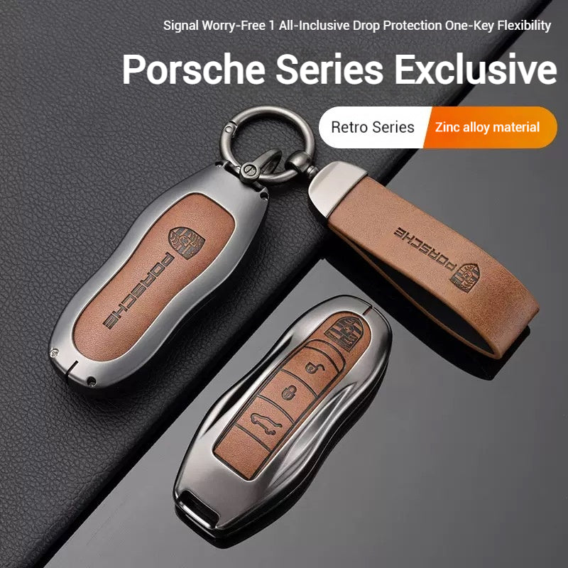 Load image into Gallery viewer, Porsche Zinc Alloy PU Leathe Car Key Fob Case Cover For Cayenne, Panamera, Macan, 911, Taycan
