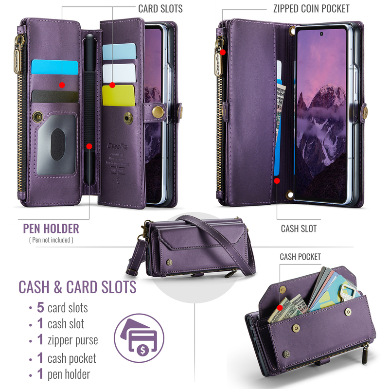 Load image into Gallery viewer, Samsung Galaxy Z Fold7  (SM-F966) - Zipper Style Crossbody PU Leather Wallet Series Stand Case With Lanyard
