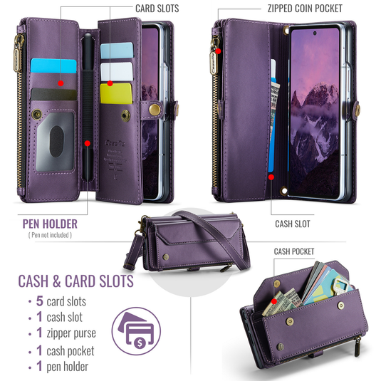 Samsung Galaxy Z Fold7  (SM-F966) - Zipper Style Crossbody PU Leather Wallet Series Stand Case With Lanyard