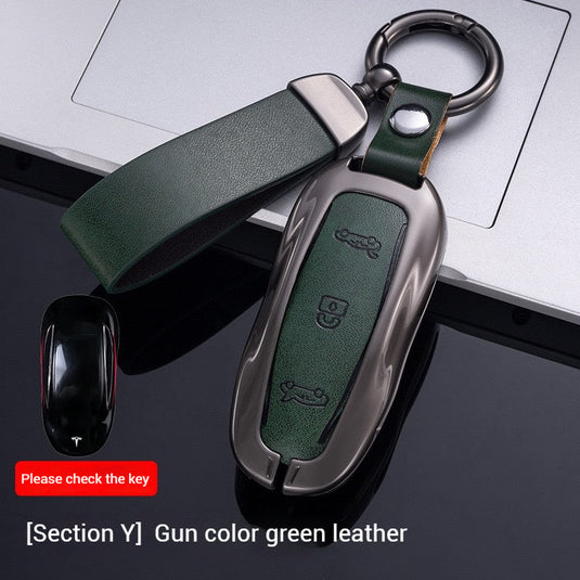 Tesla Metal + PU Leather Smart Car Key Fob Case for Model 3, S, Y, X