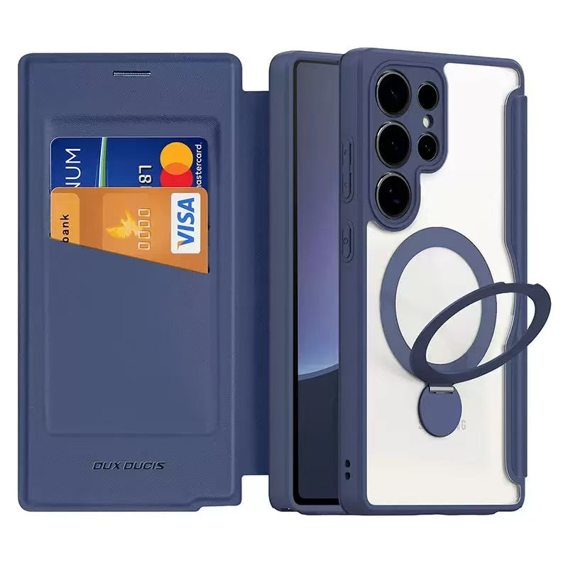 Load image into Gallery viewer, [With Card Slot][Magsafe Compatible] Samsung Galaxy S26/Plus/Ultra - Magnetic Rotating Kickstand Transparent Shockproof Flip PU Leather Wallet Series Case
