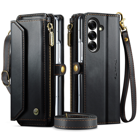 Samsung Galaxy Z Fold7  (SM-F966) - Zipper Style Crossbody PU Leather Wallet Series Stand Case With Lanyard