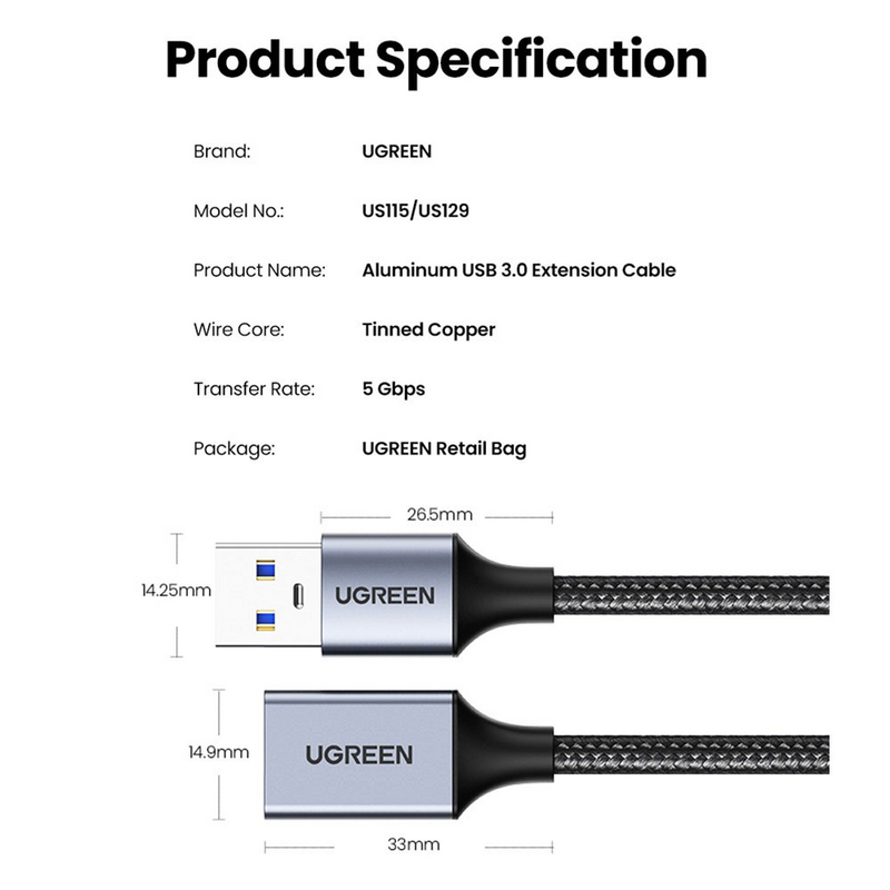 Load image into Gallery viewer, UGREEN US115 USB 3.0 Extension Cable USB (Male) - USB (Female) 1m - Black
