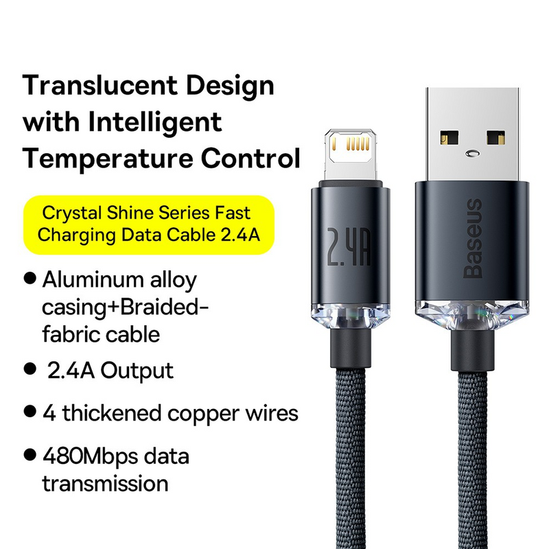 Load image into Gallery viewer, CW-FXP Baseus Crystal Shine Series Fast Charging Data Cable USB to iP 2.4A 1.2m - Black
