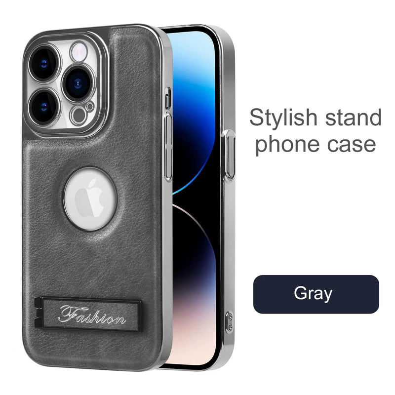 Load image into Gallery viewer, [Built-in Stand] Apple iPhone 15/Pro/Pro Max Electroplated Leather Full-protection Shockproof Stand Series Case
