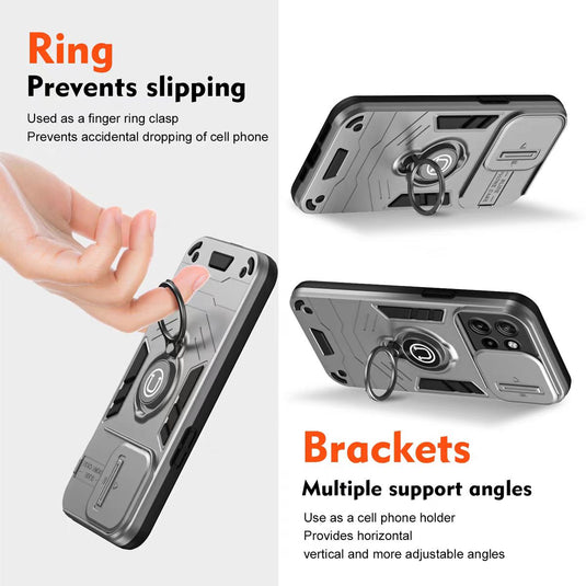 [Built-in Ring Bracket][With Slide Lens Cover] Motorola Moto G34 Mecha-style Anti-slip Protective Hard Heavy Duty Series Case