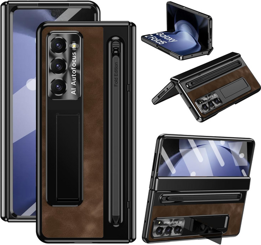 [Built-in Stand][Built in Screen Protector & Lens] Samsung Galaxy Z Fold 6 - Full Covered Leather Hinge Sturdy Protective Shockproof Hard-shell Case