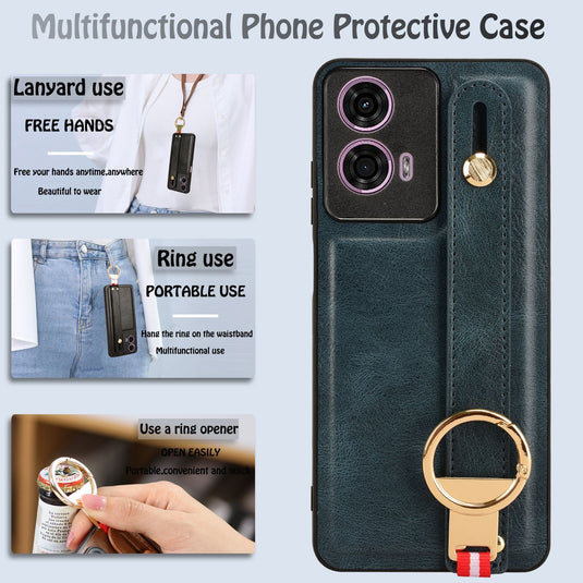 [With Ring Bracket][Built-in Wrist Wrap] Motorola Moto G04s Simple Retro Genuine Leather Series Case