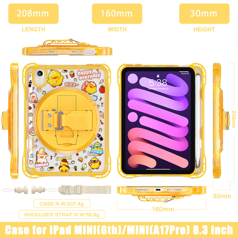 Load image into Gallery viewer, [Built-in Pen Slot][With Shoulder Strap] Apple iPad Mini 6/7 8.3&#39;&#39; 6/7th Gen (2021/2024) Cartoon Kids Transparent Anti-Drop Protective Stand Case
