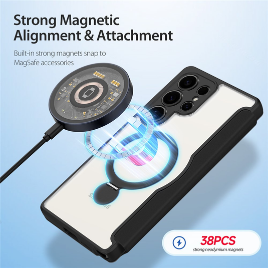 [With Card Slot][Magsafe Compatible] Samsung Galaxy S26/Plus/Ultra - Magnetic Rotating Kickstand Transparent Shockproof Flip PU Leather Wallet Series Case