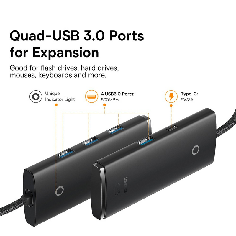 Load image into Gallery viewer, Baseus Lite Series 4-Port USB-A HUB Adapter (USB-A to USB 3.0*4 ) 1m - Black
